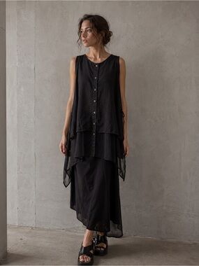 Matthildur Black Lagenlook Minimalist High Low Sheer Layering Vest Tunic Top M